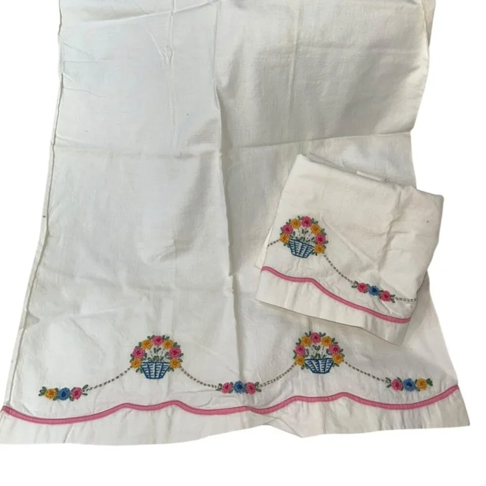 Vintage Hand Embroidered needlepoint Basket Flowers set TWO cotton pillow cases